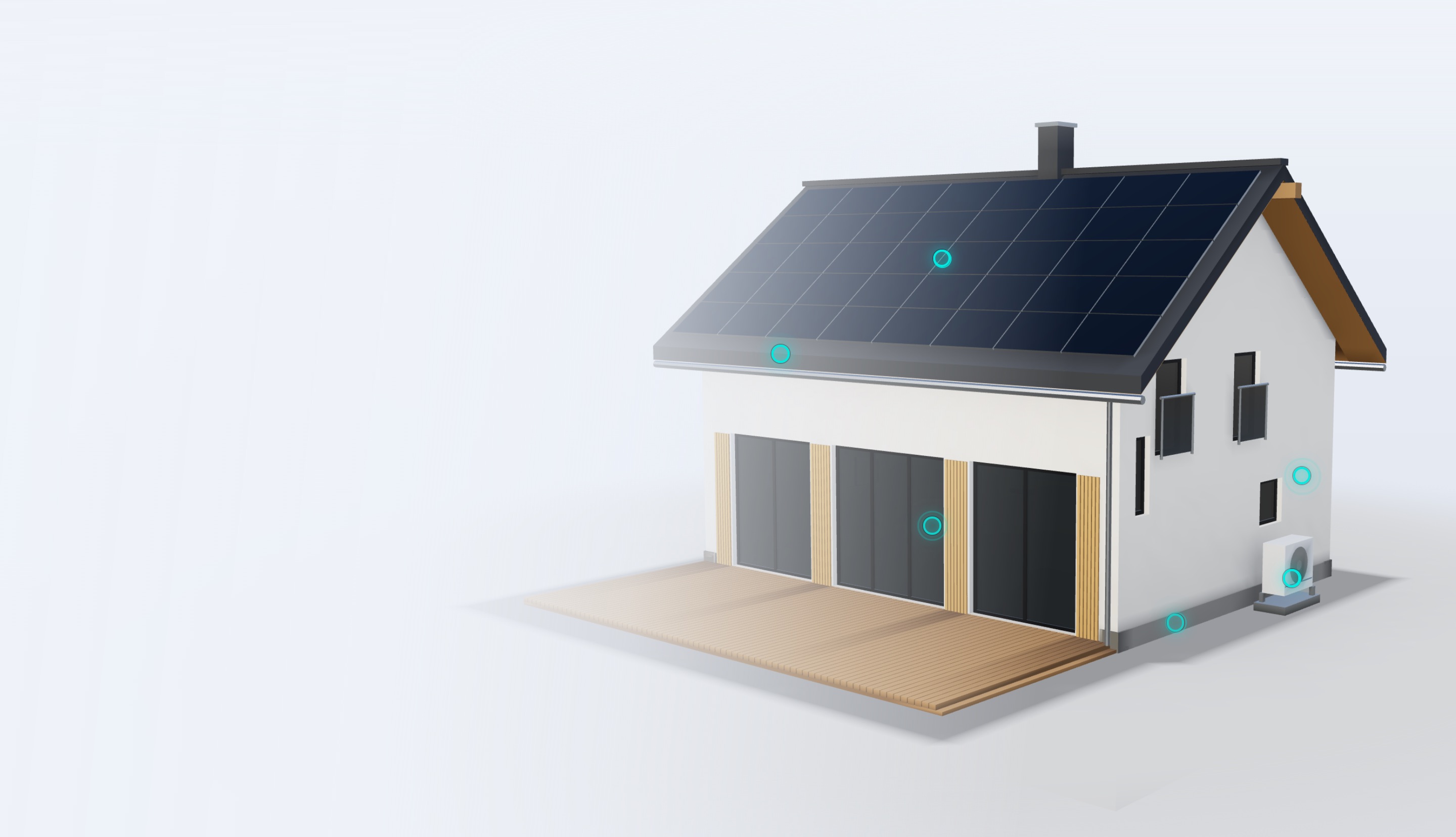 Einfamilienhaus mit Satteldach, vollflächiger Photovoltaikanlage, raumhoher Verglasung zur Terrasse und Luft-Wasser-Wärmepumpe an der Giebelseite.
